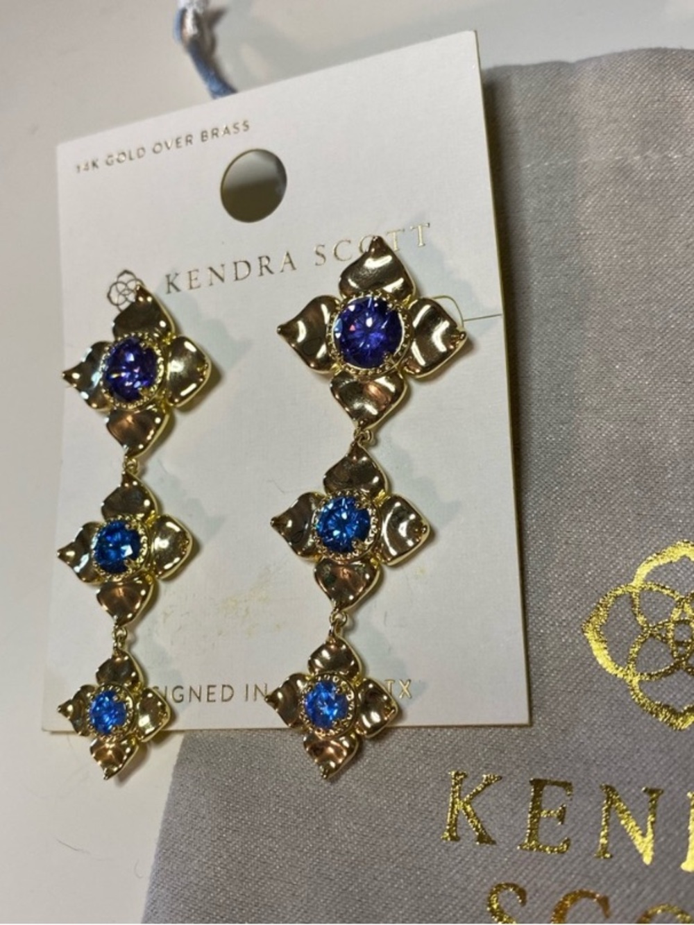Kendra Scott Lily Mix 14K Gold Blue Purple Floral Statement Dangle Earrings NWT - Picture 3 of 7